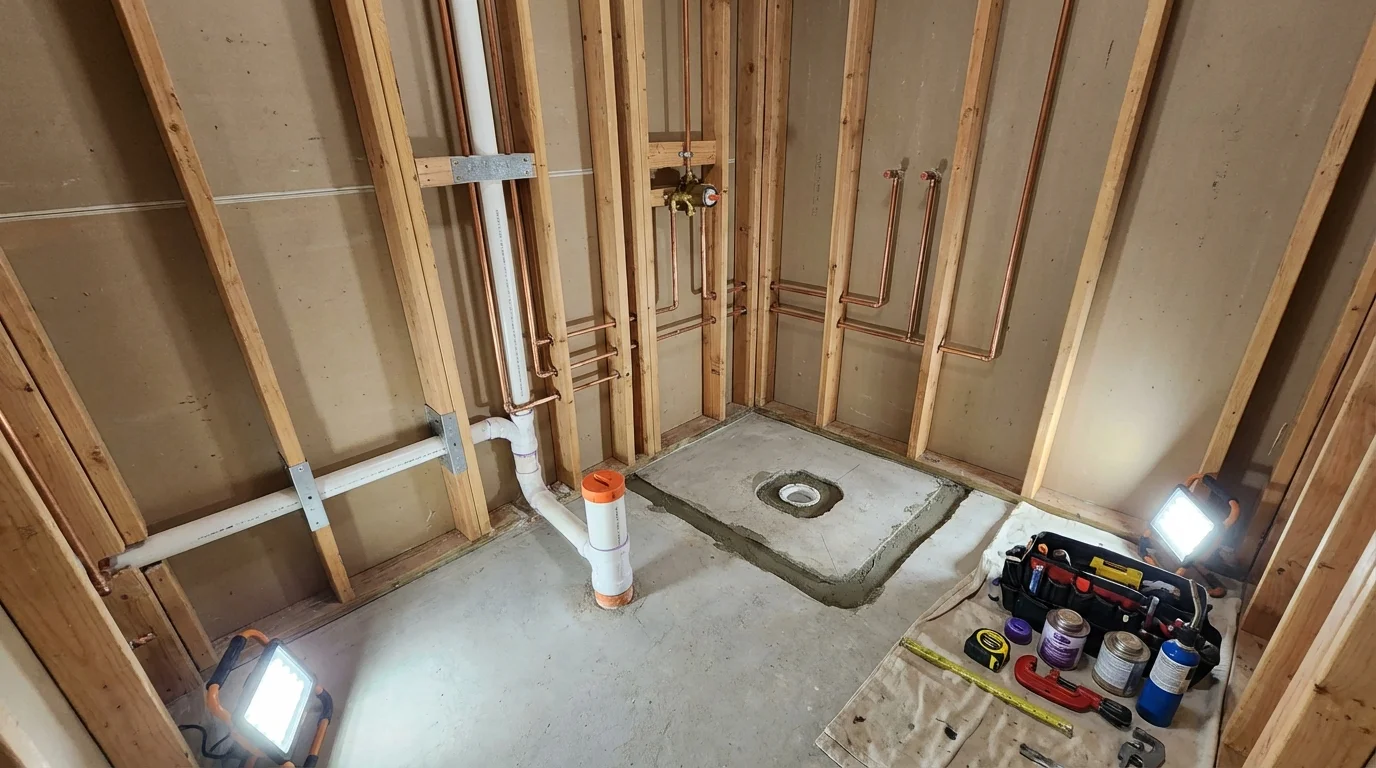 Bathroom rough-in plumbing during remodel by Johns Plumbing LLC in Ciales